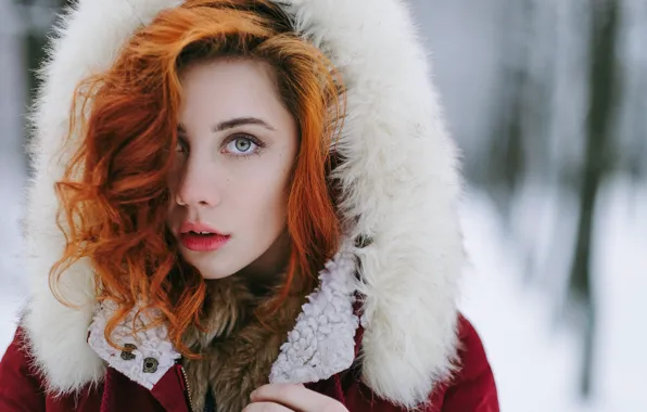 Picture girl, hood, fur, red, Kirill Sokolov