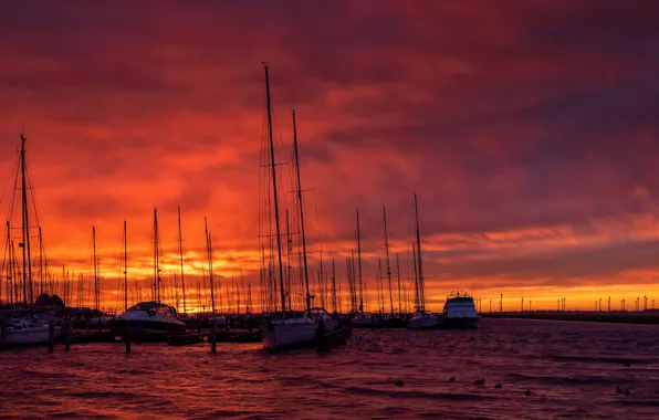 Picture clouds, sunset, yachts, glow, harbour