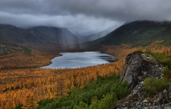 Picture landscape, mountains, clouds, nature, lake, rain, valley, forest, Kolyma, Maxim Evdokimov, Invisible