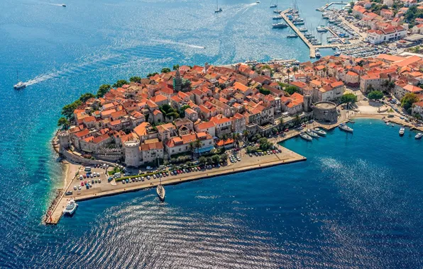 Picture sea, the city, wall, Marina, tower, fortress, Croatia, old town, Adriatica, Korcula, Jadran, aerial foto
