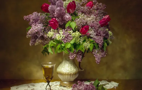Picture flowers, bouquet, tulips, still life, lilac