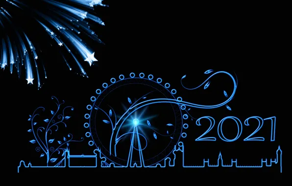 Picture stars, design, the city, London, vector, UK, New year, Ferris wheel, fireworks, black background, silhouettes, …