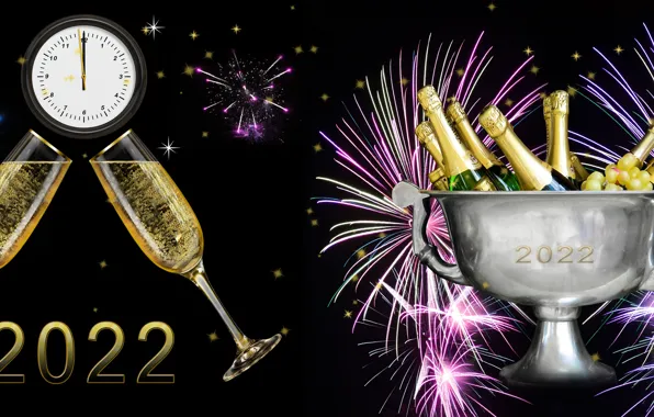 Picture Watch, Salute, Bottle, New year, Black background, Fireworks, Bakaly, Champagne, 2022