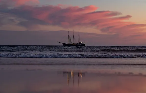 Picture sunset, reflection, the ocean, shore, sailboat, the evening