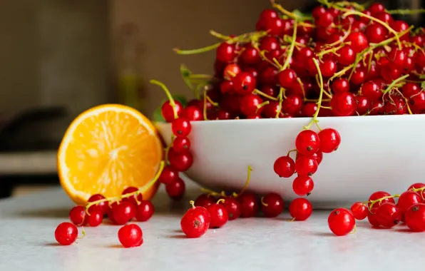 Picture berries, table, orange, bowl, placer, red, currants, bokeh, composition