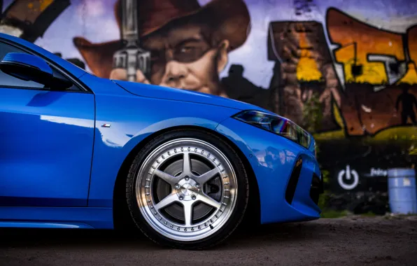 Picture BMW, Blue, Graffiti, Side, Wheels, BMW 1 Series, JR Wheels