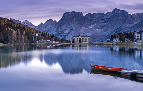Picture mountains, reflection, shore, boat, home, Austria, pond, Hallstatt