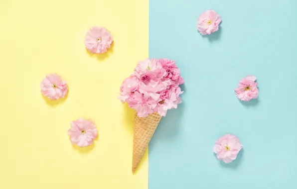Picture flowers, cherry, background, horn, waffle