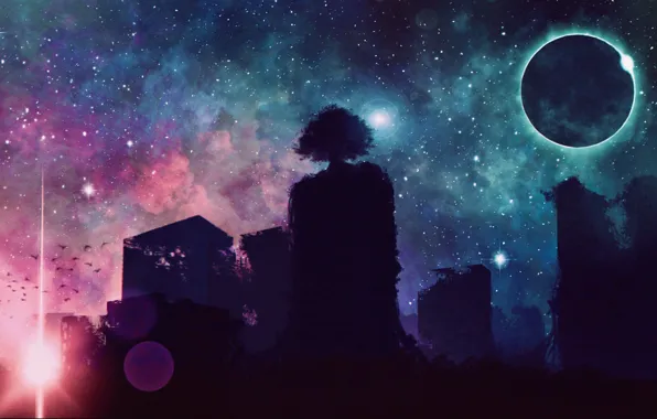 Picture space, tree, fantasy, Eclipse, ruins, shoots