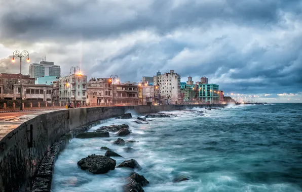 Picture sea, clouds, the city, stones, home, lighting, lights, promenade, Cuba, the breakwater, Havana, Malecon, The …