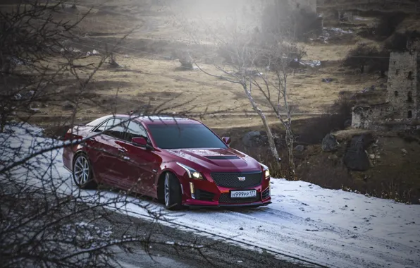 Picture mountains, tower, cadillac, moutain, cts-v, ingushetia, cadillac cts, cadillac cts-v