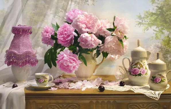 Picture flowers, berries, lamp, petals, dishes, pitcher, still life, cherry, napkin, peonies, Valentina Fencing