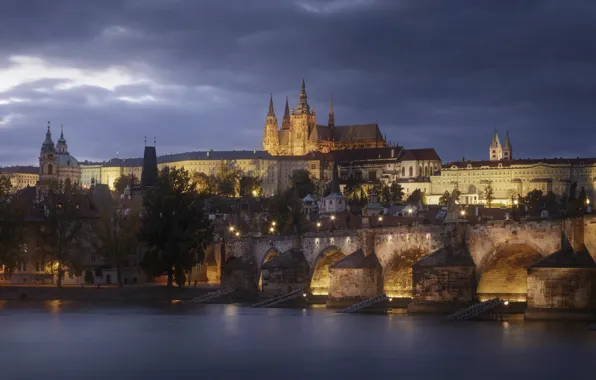Picture the city, river, building, the evening, Prague, Czech Republic, lighting, tower, temple, Charles bridge, Denis …