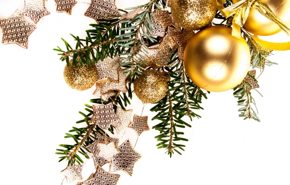 Picture white, snowflakes, background, gold, holiday, Branches, Christmas, Balls, Stars, tape, New year, decor