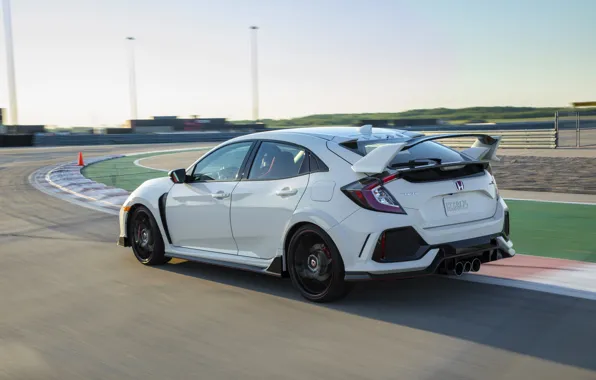Picture white, movement, Honda, track, hatchback, the five-door, 2019, Civic Type R, 5th gen, FK8