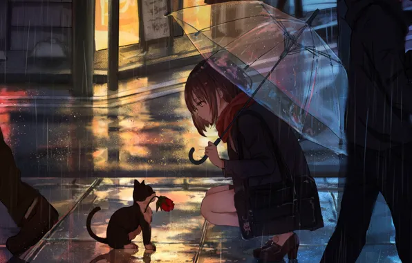 Picture Girl, Anime, Flower, Rain, Umbrella, Cat