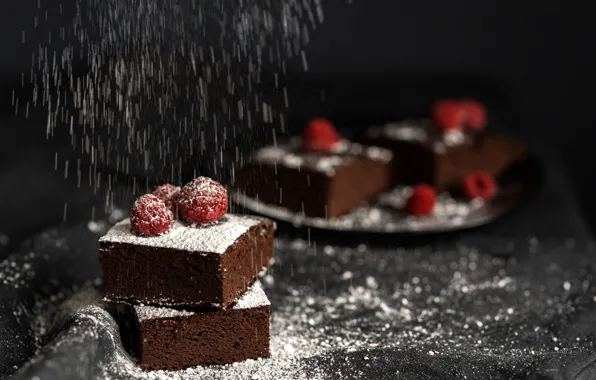 Picture berries, raspberry, the dark background, table, plate, pie, cake, pieces, cake, chocolate, bokeh, powdered sugar, …