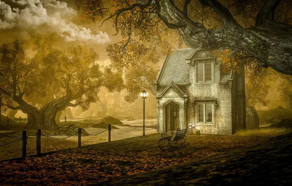 Picture autumn, the sky, clouds, trees, landscape, bench, nature, house, Park, rendering, branch, shore, foliage, Windows, …