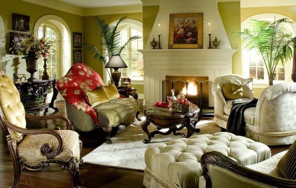 Picture design, style, room, interior, fireplace, living room, warm colors