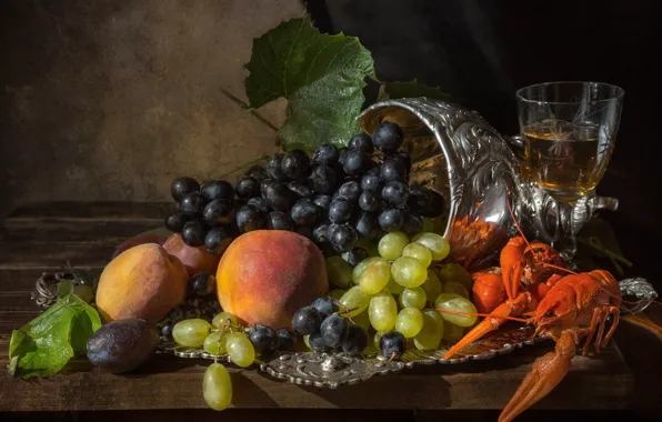 Picture glass, grapes, fruit, still life, peaches, tray, cancers