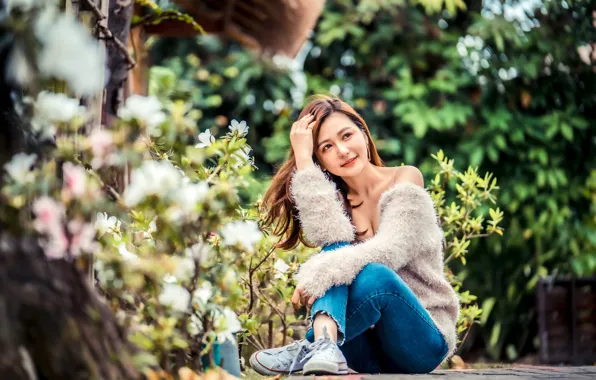 Picture flowers, pose, model, sneakers, portrait, jeans, makeup, hairstyle, Asian, jacket, sitting, redhead, the bushes, bokeh