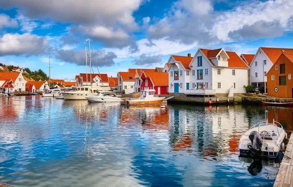 Picture the sky, clouds, boats, pier, Norway, Skudeneshavn