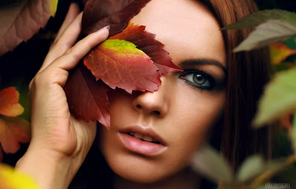 Picture autumn, look, leaves, close-up, face, pose, model, hand, portrait, makeup, hairstyle, brown hair, beauty, Inessa …