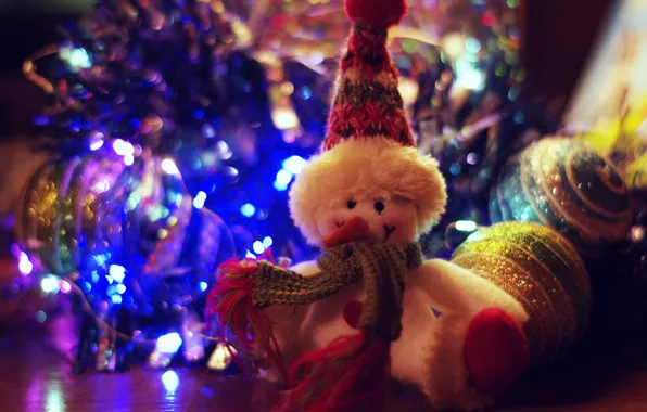 Picture winter, balls, the dark background, holiday, toy, blur, Christmas, New year, snowman, tinsel, bokeh, Christmas …