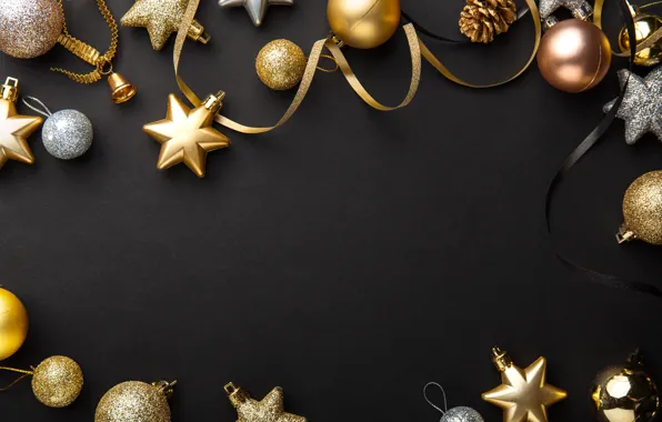 Picture decoration, gold, balls, New Year, Christmas, golden, black background, black, Christmas, balls, background, New Year, …