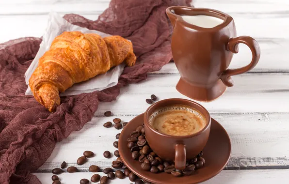 Picture table, coffee, Breakfast, milk, Cup, croissant, Roman Osadchiy