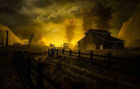 Picture road, field, the sky, clouds, trees, landscape, sunset, mountains, clouds, nature, house, rendering, horse, horse, …
