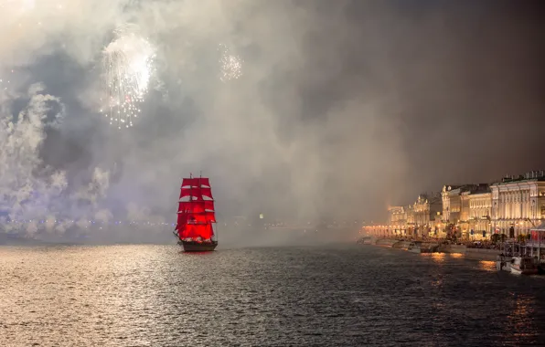 Picture night, river, holiday, smoke, ship, salute, Peter, Saint Petersburg, Neva, Scarlet sails