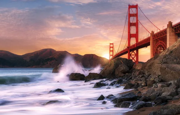 Picture sea, bridge, stones, rocks, San Francisco, Golden Gate, USA