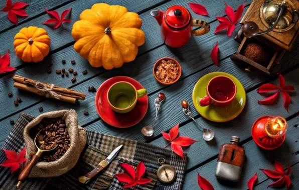 Picture leaves, style, coffee, candle, kettle, knife, pumpkin, mugs, cinnamon, compass, coffee beans, spoon, coffee grinder, …