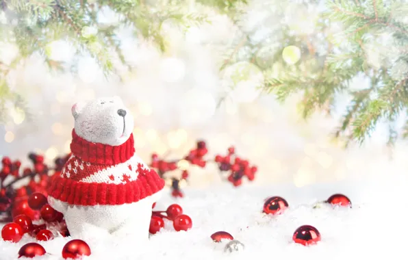 Picture white, balls, light, snow, holiday, toy, scarf, bear, Christmas, bear, red, New year, needles, light …