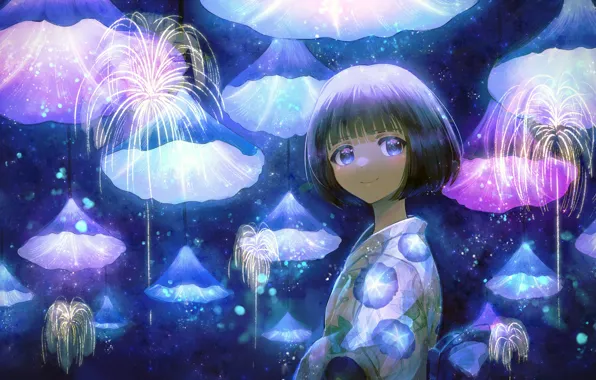 Picture girl, fireworks, bells