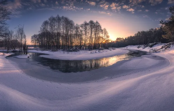 Picture winter, snow, trees, sunset, river, Poland, Poland, Grabia River, Река Грабия