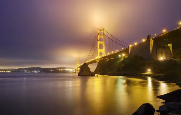 Picture reflection, night, bridge, the city, lights, fog, Strait, stones, rocks, shore, view, lights, haze, San …