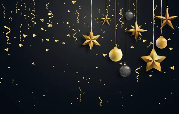 Picture decoration, balls, Christmas, New year, golden, christmas, black background, new year, black, serpentine, balls, background, …
