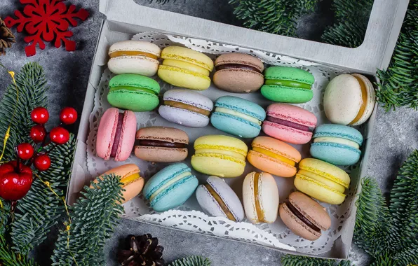 Picture decoration, colorful, christmas, dessert, dessert, decoration, macaron, almond, macaroon, fir tree, fir-tree branches