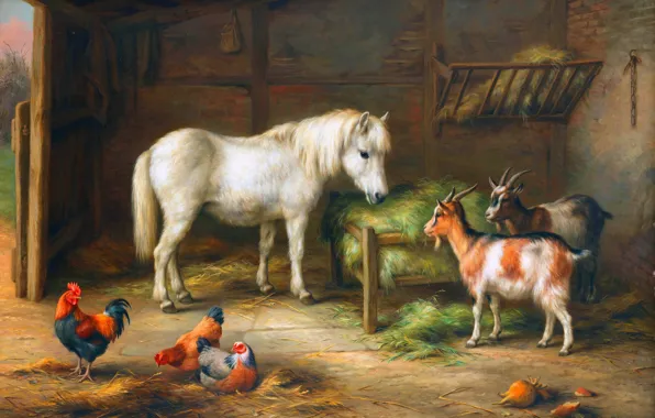 Picture Horse, Picture, Cock, Goats, Edgar Hunt, Edgar Hunt, Comrades on the farm, Британский художник-анималист, Курицы