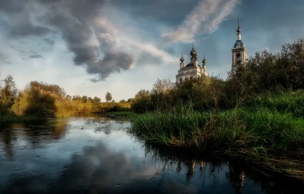 Picture grass, shore, Church, temple, Russia, pond