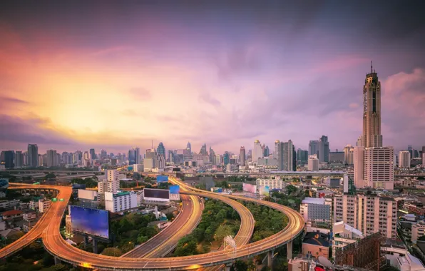 Picture the city, dawn, building, road, morning, Thailand, Bangkok