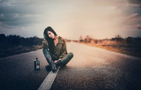 Picture road, girl, bottle