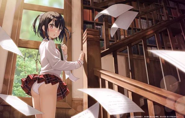 Picture the accident, books, ladder, library, schoolgirl, a lot, window, mini skirt, sheets of paper, by …