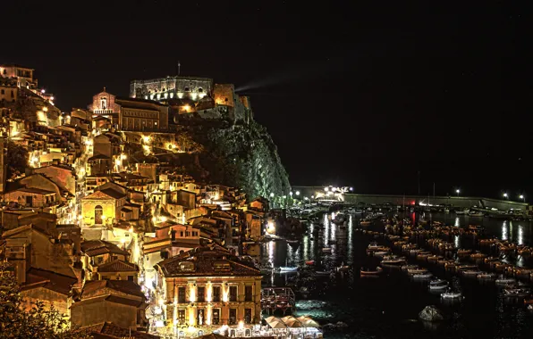 Picture night, lights, Italy, Calabria, Шилла, замок Руффо