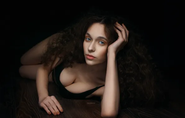 Picture chest, look, girl, face, pose, hair, hands, curls, on the floor, Alexander Drobkov-Dark, Дарья Афанасьева