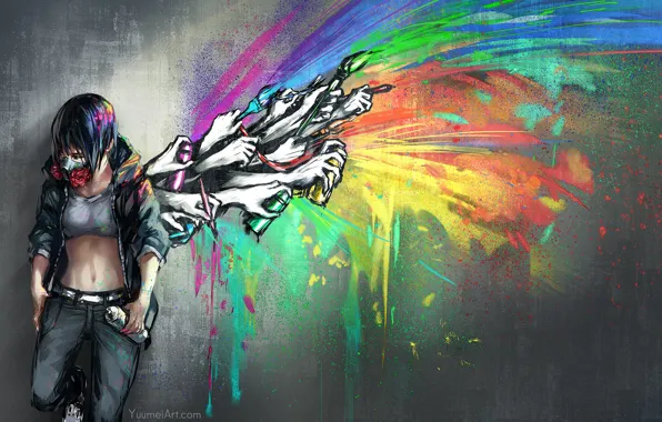 Picture girl, flowers, squirt, graffiti, hands, wing, respirator, spray paint, yuumei