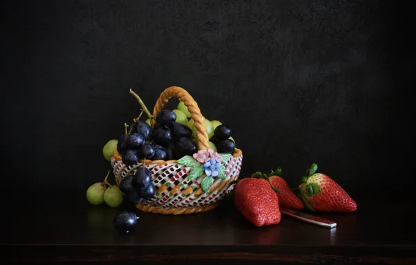 Picture berries, the dark background, table, strawberry, grapes, spoon, still life, basket
