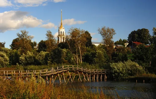 Picture autumn, the sky, grass, clouds, trees, bridge, river, thickets, shore, tower, Church, houses, Russia, river, …